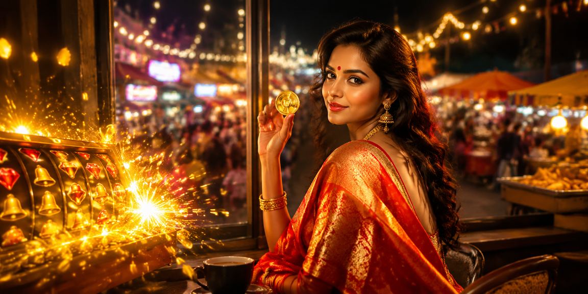 Woman enjoying online slot game in traditional saree